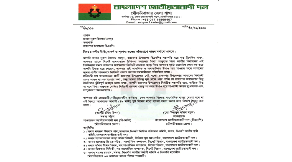 রাজনগরে শোকজ করা নিয়ে বিএনপিতে ‘অসন্তোষ’