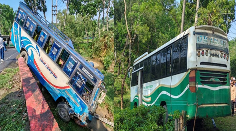 সিলেটে মুখোমুখী সংঘর্ষ এড়াতে দুই বাস খাদে, আহত ৯