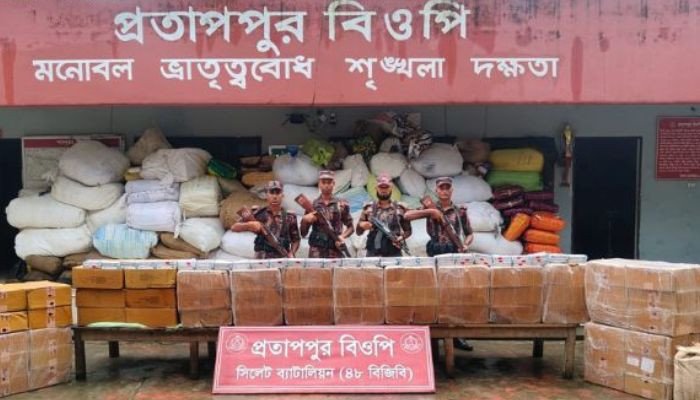 সিলেট সীমান্তে ৭৯ লাখ টাকার চোরাচালানি পণ্য জব্দ